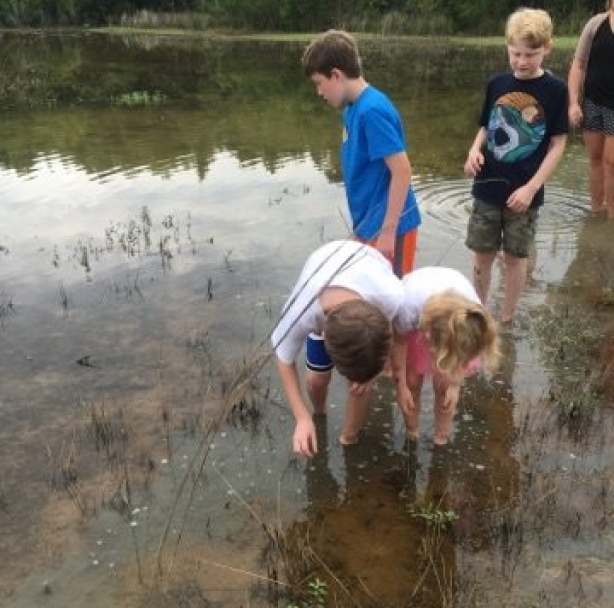 children standing in a lake