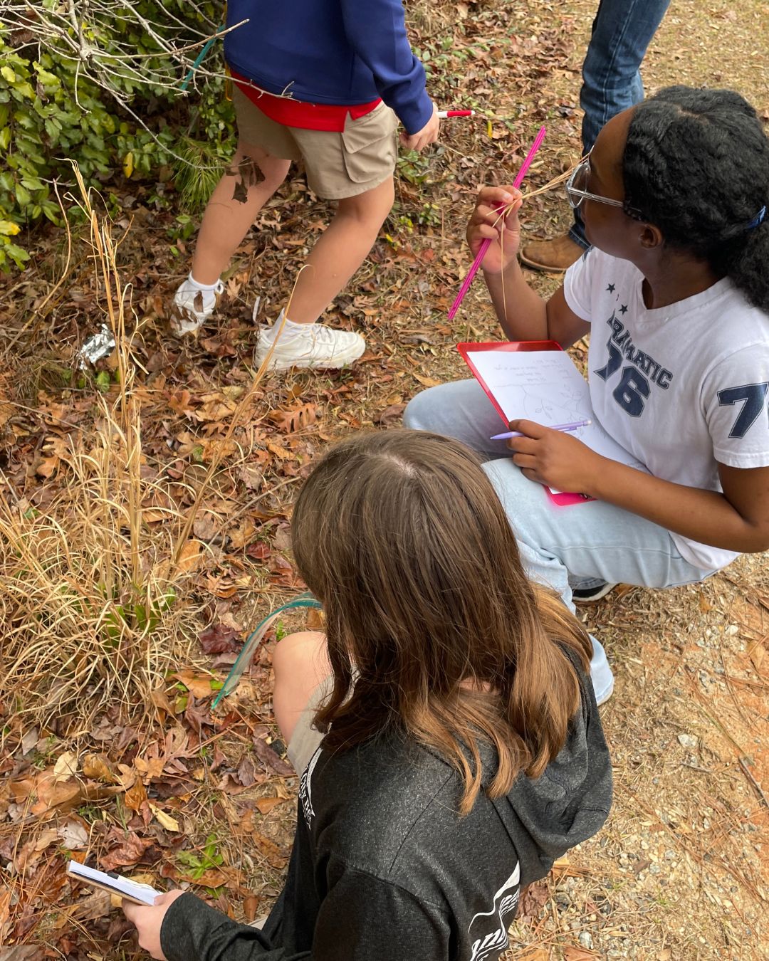 Several people outdoors on a leaf-covered path, crouching and standing near plants. Two people hold clipboards and pencils, appearing to write or sketch while observing the ground and surrounding vegetation