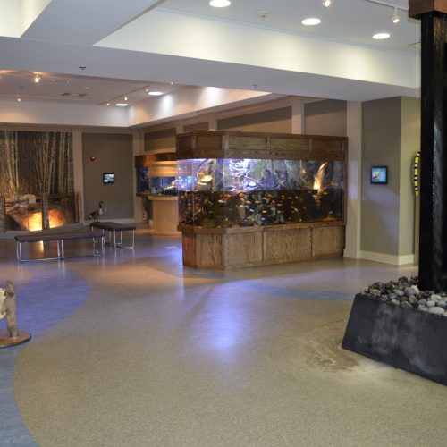 a lobby with a fishtank