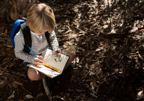 a child sitting with a notebook