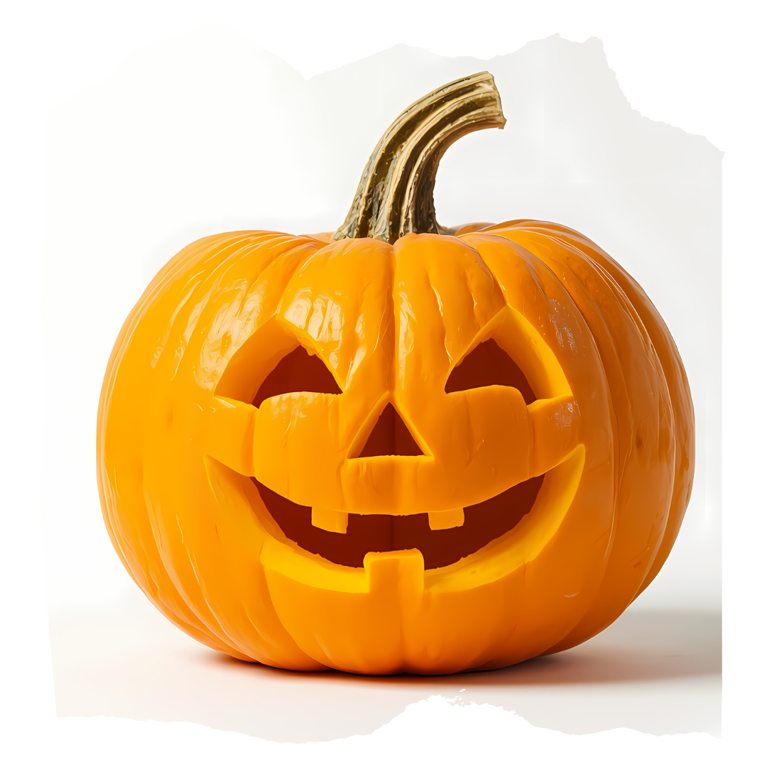 Carved orange jack-o’-lantern with a smiling face.