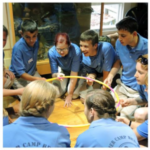 a group of students standing around a table